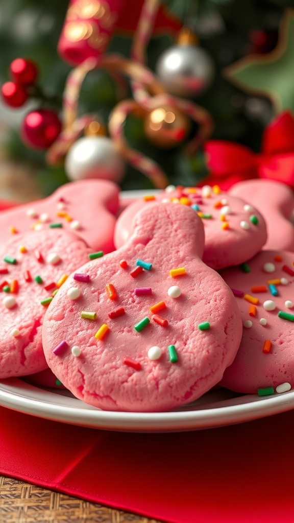 A festive plate of pink Christmas cookies with sprinkles, ideal for holiday gatherings.